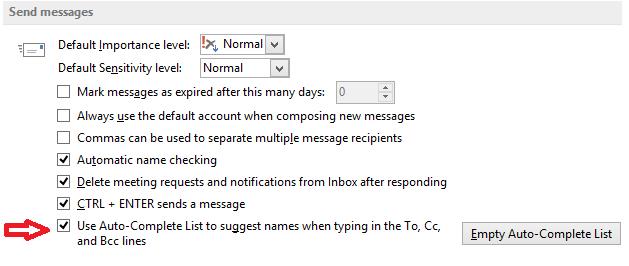 Send messages window, Use Auto-Complete List to suggest names when typing in the To, Cc, and Bcc lines box checked